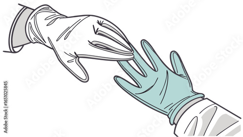 Two hands reaching out to touch each other while wearing protective gloves in a medical setting