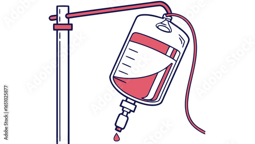 Illustration of a medical iv drip bag hanging from a metal stand with a red liquid inside the bag