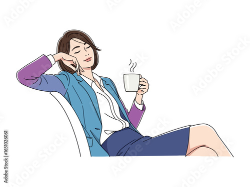 Coffee Break contemplation: A modern professional woman, takes a moment of peacefulness with a hot coffee while in pause, capturing the quiet beauty of rest, the simplicity of contentment.