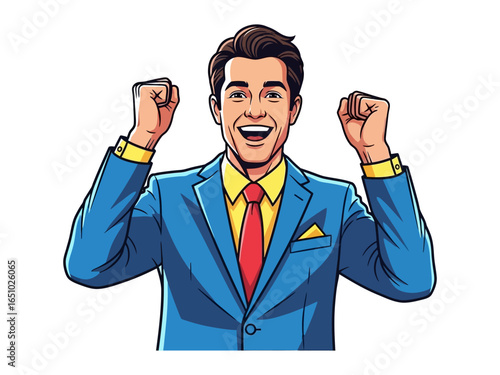 Triumphant Business man: A vibrant illustration captures the exhilaration of victory as a man in a well-tailored suit celebrates success with raised fists and a beaming smile.