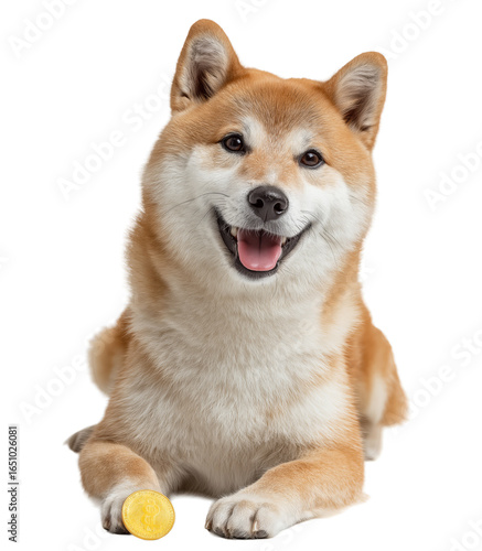 A smiling Shiba Inu dog with its tongue out, lying down with a single gold coin between its paws, is isolated on a transparent background.