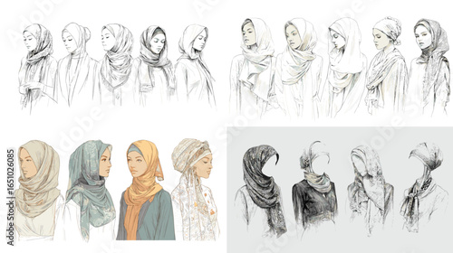 Stylish hijab and headscarf portrait sketches of women in profile and side view. Elegant fashion illustration for modest fashion design, beauty, and cultural concept art.