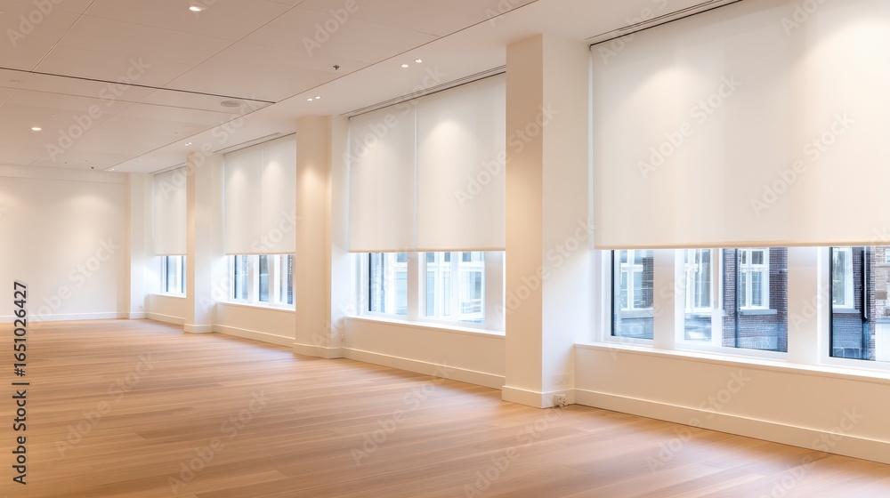 Fototapeta premium Modern, minimalist interior of a bright room with large windows and wooden flooring, showcasing natural light