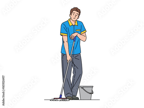 Cleaning Attendant at Work: A diligent cleaning attendant, donned in work attire, takes a moment's pause while holding a mop and a bucket in a modern style.