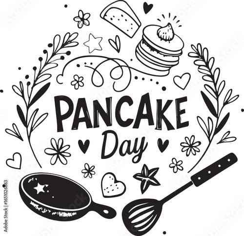 Pancake Day Celebration with Hand Drawn Illustrations of Pancakes and Hearts