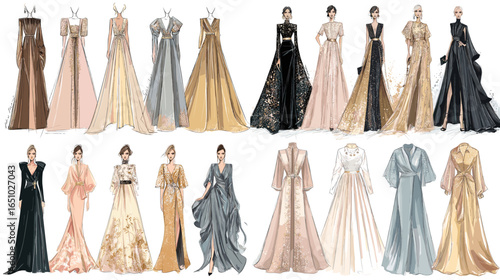 Elegant evening gown fashion design sketches featuring luxurious fabrics and modern silhouettes in gold, black, and pastel tones. Perfect for couture, fashion design, and textile art.