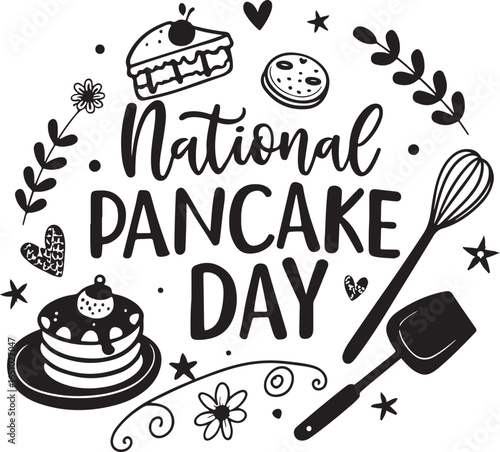 Celebratory National Pancake Day Image with Hand Drawn Pancakes and Tools