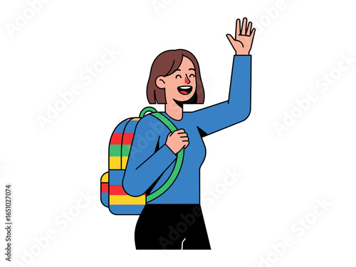 Animated Greeting: A cheerful individual waves enthusiastically, with a colorful backpack slung over their shoulder, exuding positivity and welcoming vibes. 