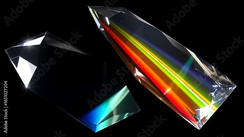 Illustration of two geometric prisms refract light into a spectrum of colors on black