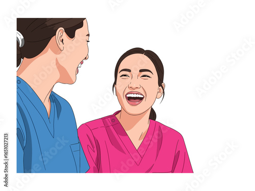 Shared Laughter: Two individuals in medical attire share a moment of pure joy, their genuine smiles and laughter capturing the essence of camaraderie and positivity.
