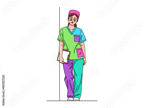 Exhausted Medical Professional: A healthcare worker, shoulders slumped with fatigue, leans wearily against a wall.