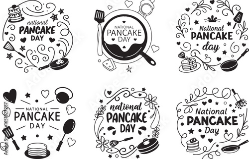Whimsical National Pancake Day Designs Featuring Hearts Stars and Cooking Elements