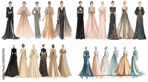 Elegant evening gown fashion illustration set with luxurious fabrics and graceful silhouettes. Perfect for haute couture, runway concept, and designer portfolio presentations.