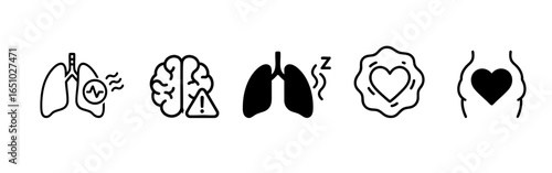 set of line icon Brain Stroke Warning, Heart with Fat ,sleep Apnea vector illustration 