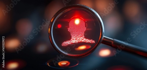 A red digital head silhouette is seen through a magnifying glass, symbolizing data analysis or cybersecurity.