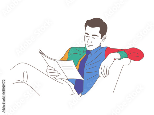Relaxed Reading: A man comfortably reclines, engrossed in the pages of a magazine, embodying the peace of a leisurely moment. 