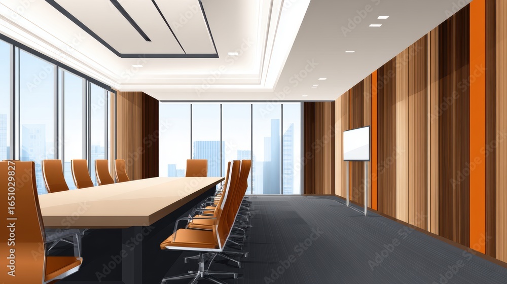 Fototapeta premium Modern conference room with large table and orange chairs, bright windows showcasing a city skyline