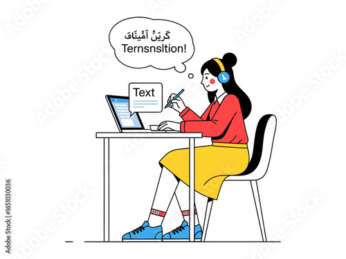 Translating Thoughts: A woman sits at a desk, engrossed in the art of translation. Her focus is captured as she types on a laptop, visualizing the transformation of language in her thought bubble.
