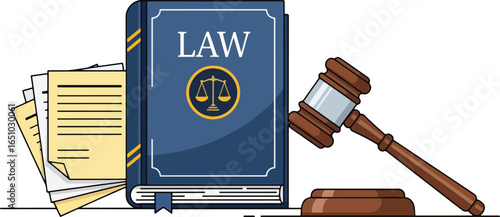 Illustration of a law book, gavel, and stack of papers representing legal concepts.