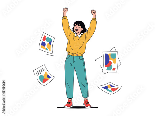 Joy of Triumph: A young woman radiates success, arms raised in elation as documents float around her, celebrating accomplishment and achieving goals.