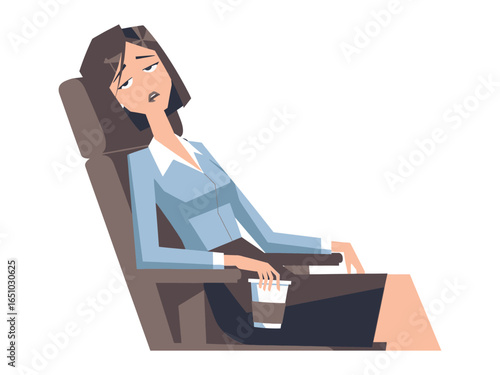 Exhausted Woman in Office: A visibly weary office worker, overcome by fatigue, slumps back into a chair, holding a coffee cup in a flat style illustration, conveying themes of exhaustion and burnout.