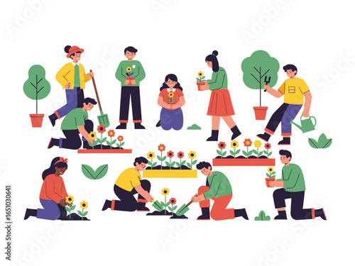 Blooming Together: A diverse group of individuals collaborates joyfully, planting flowers and tending to a community garden, embodying the spirit of growth and shared dedication.