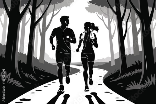 Silhouettes of two joggers on a forest trail in black and white, symbolizing outdoor fitness, motion, and natural serenity
