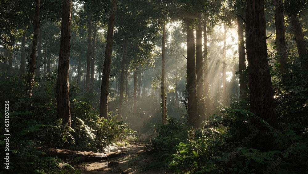 Obraz premium Sunbeams piercing a dense, misty forest