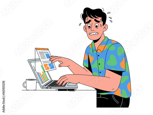 Digital Overload: Illustration of a stressed man struggling with an avalanche of online data, symbolizing the modern challenges of information and technology