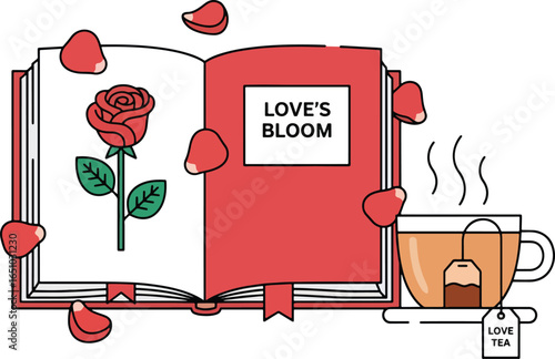 Illustration of an open book with a rose, petals, and a cup of tea.