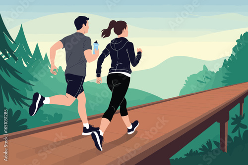 Silhouettes of two joggers on a wooden path surrounded by greenery, symbolizing outdoor wellness, motion, and natural vitality