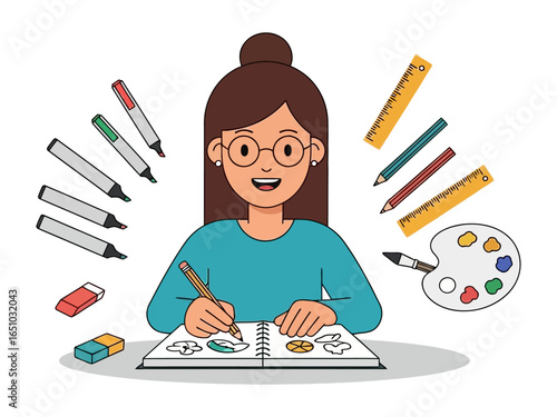Creative sketching with smile: A cheerful individual, immersed in creative drawing, surrounded by a spectrum of art supplies like pens, pencils, and a palette, all set against a clean.