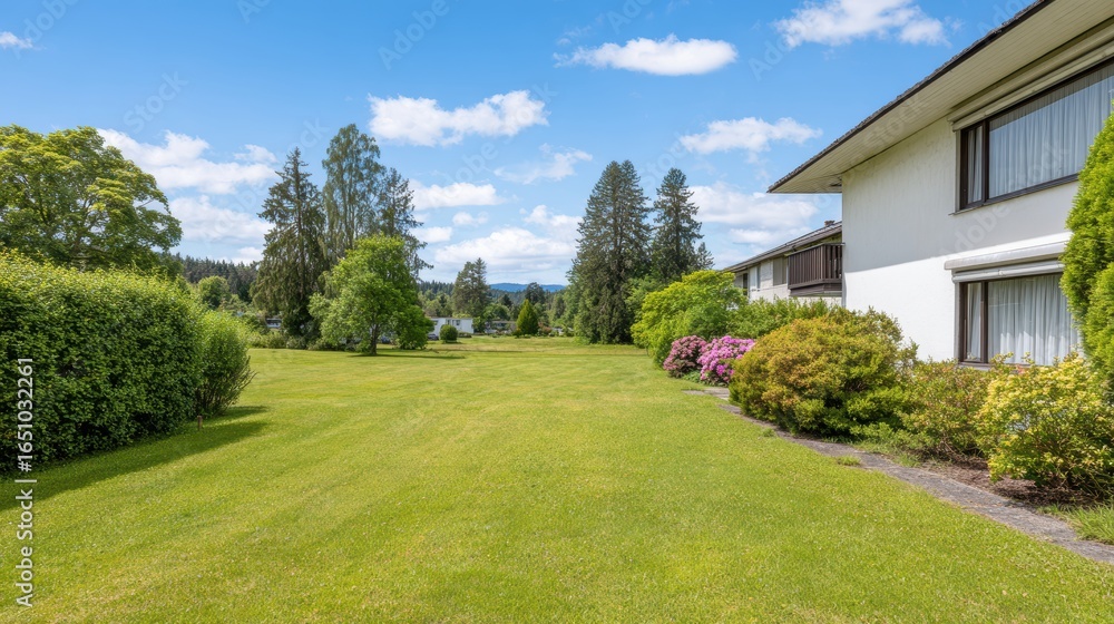 Fototapeta premium Serene landscape featuring a well-maintained lawn, vibrant flowers, and a modern house under a blue sky
