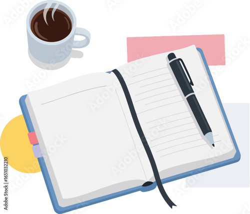 Open notebook with pen and coffee mug on a desk, ready for writing.