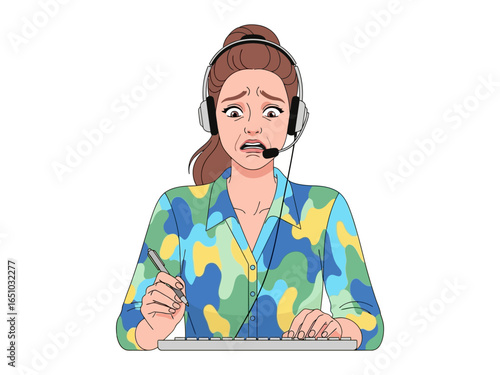 Turbulent Telephone: A stressed customer service representative confronts a hectic situation, captured in vibrant, graphic illustration.