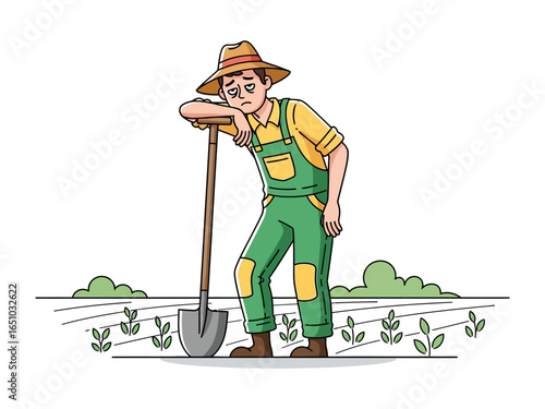 Weary Farmer's Slump in Field: A farmer leaning wearily on a shovel against the backdrop of a cultivated field, capturing a moment of exhaustion after a day's work.