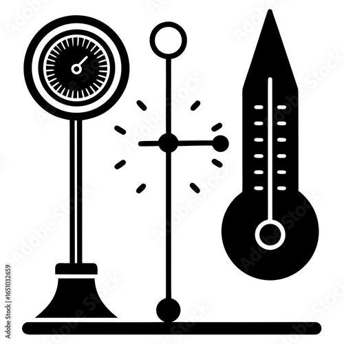 A retro weather station with analog barometer and thermometer.