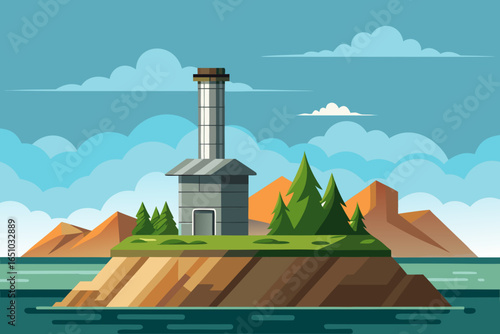 vector illustration metal chimney on island with distant hills