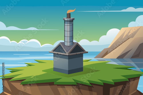 vector illustration metal chimney on island with distant hills