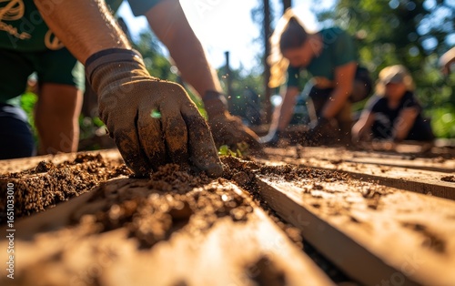 Wallpaper Mural Close-up of gloved hand working on wooden planks outdoors, with blurred people in the background. Torontodigital.ca