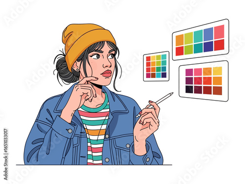 Creative Thought Process: A thoughtful woman, absorbed in her design process, contemplates color palettes, pencil in hand, capturing the spark of artistic inspiration.