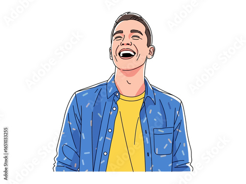 Joyful Laughing Man Illustration: A vibrant illustration of a man bursts with genuine laughter, his eyes crinkling with delight. Dressed in a casual shirt.