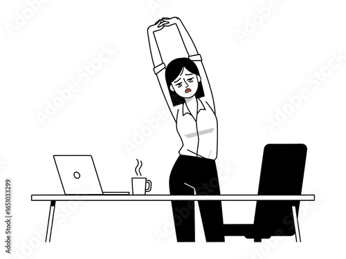 Office Stretch and Break: A business person pauses at the desk to stretch, representing the importance of taking a break to refresh and promote wellness.