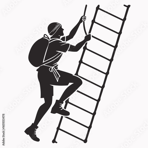 Silhouette of a Hiker Climbing a Rope Ladder with Backpack