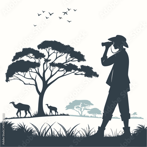 Silhouette of a safari tourist with binoculars in an African landscape