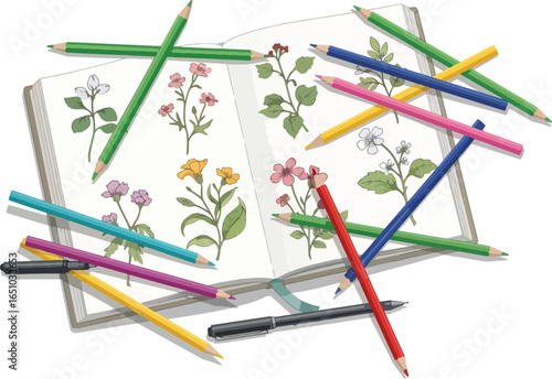 Sketchbook with botanical drawings surrounded by colorful pencils on a white background.