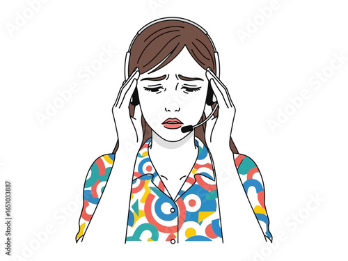 Stressful Hotline Operator: A stressed hotline operator with a headset, depicting frustration and pressure in her daily work life.