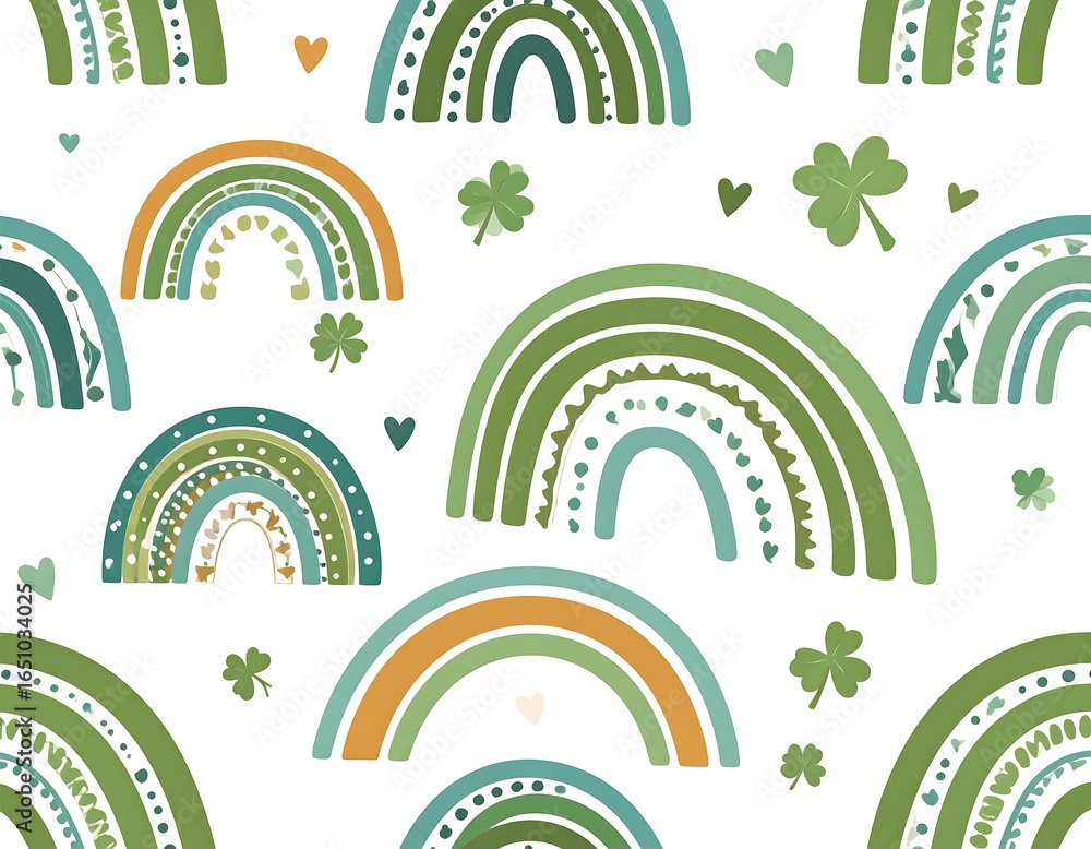 Fototapeta premium Whimsical Celebration: Playful Pattern of Green Rainbows, Shamrocks, and Hearts for St. Patrick's