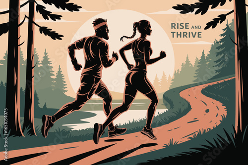 Two runners on a winding forest path beneath sun or moon with “Rise and Thrive” text, symbolizing wellness, progress, and natural energy