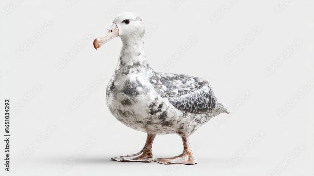 Obraz premium Standing bird with mottled gray/white plumage and orange beak, against light background